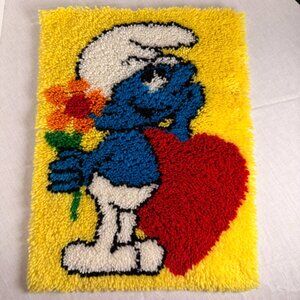 Vanity SMURF Vintage 1980's WonderArt Latch hook wall hanging 18" x 24" Finished